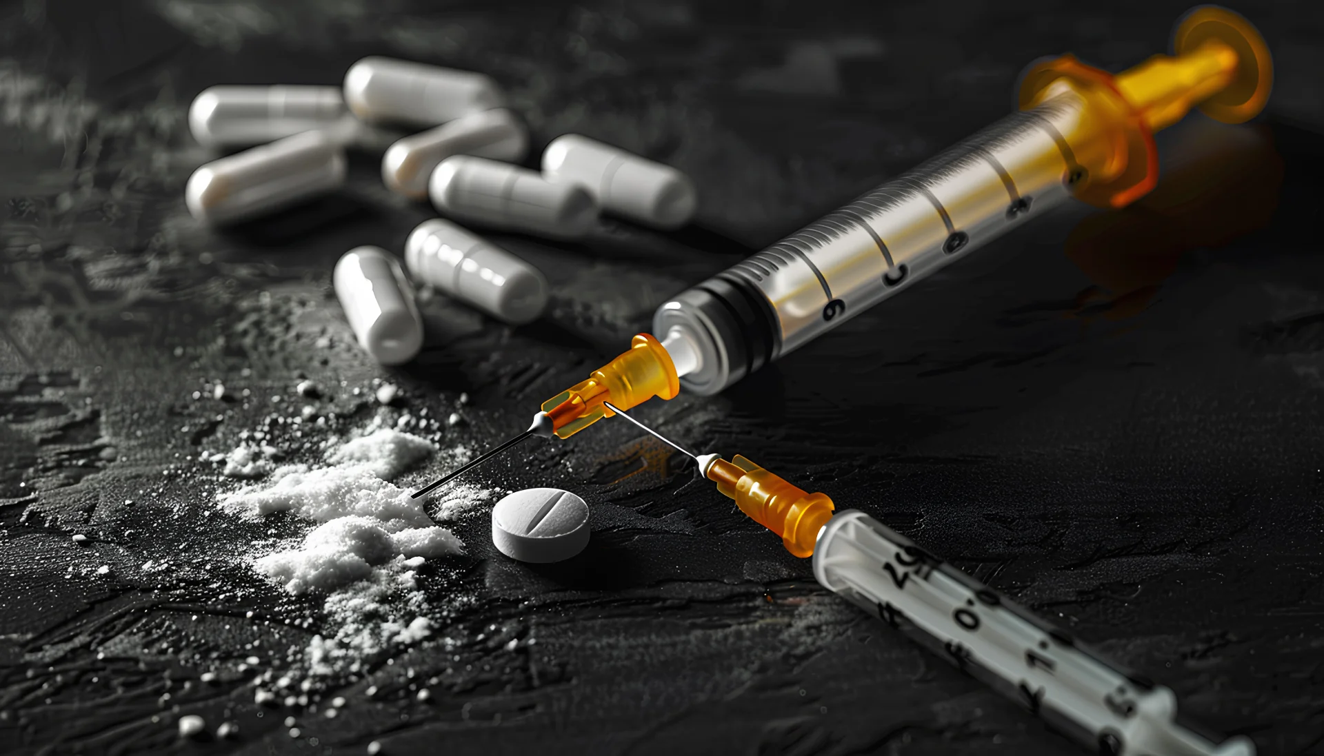 Syringe and pills on a dark surface with powder, illustrating the dangers of Vyvanse misuse and stimulant addiction.