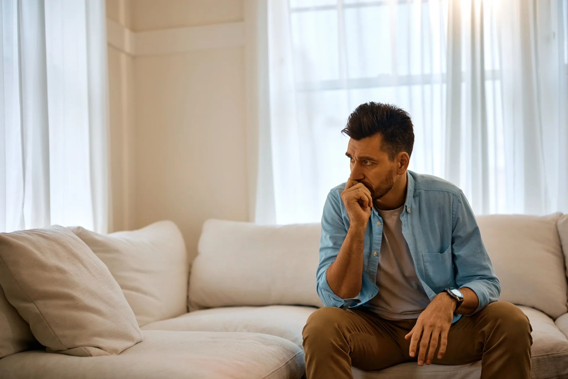 Man sitting on a couch looking contemplative, reflecting concerns about Percocet dependence and recovery options.