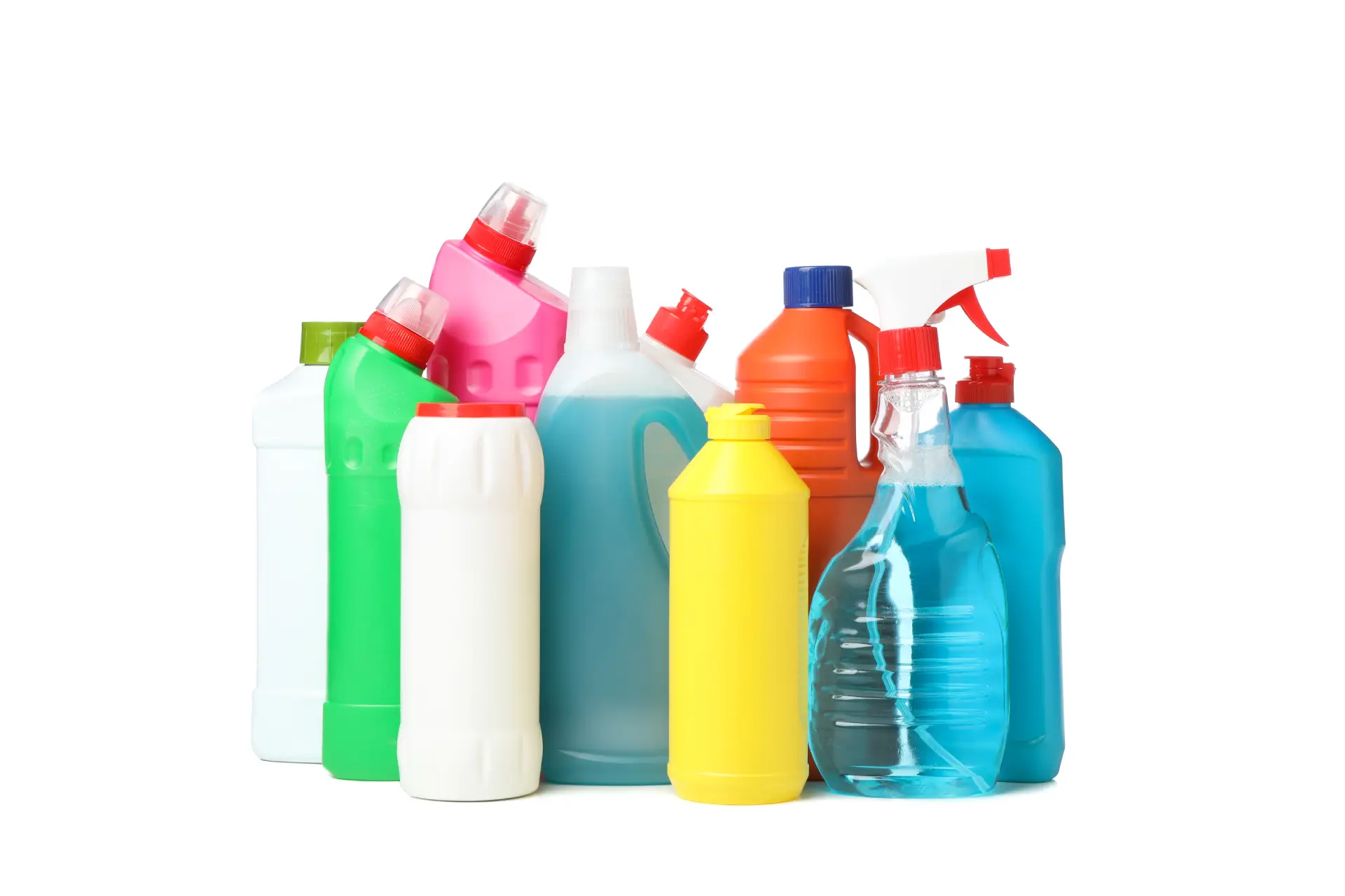 Group of colorful detergent bottles, including various shapes and sizes, representing household products potentially misused as inhalants in the context of substance abuse discussions.