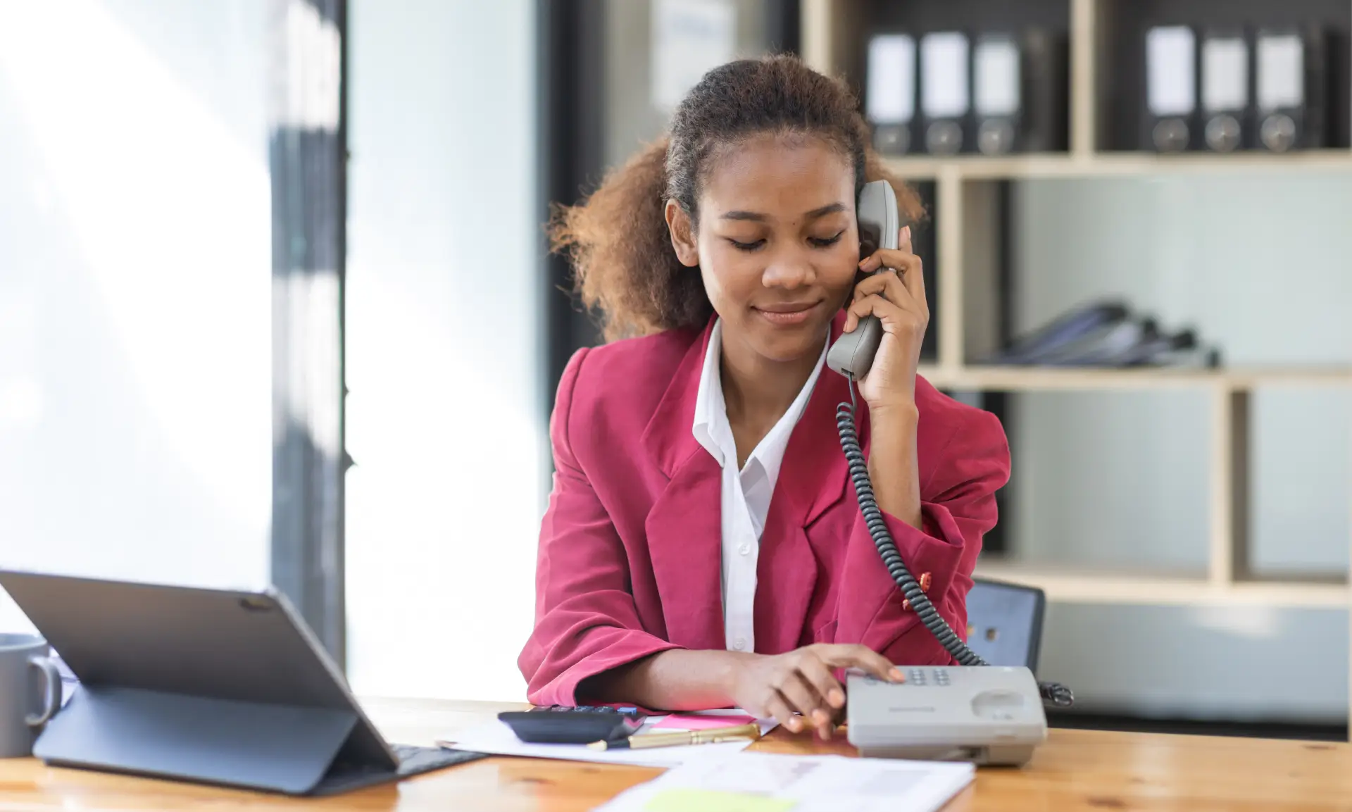 Young African American businesswoman in a pink blazer speaking on the phone at a desk with documents and a tablet, representing support and connection for addiction recovery resources.
